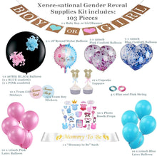Load image into Gallery viewer, Gender Reveal Party Supplies (103 Pieces). The Premium Quality . Big Black Balloon, Sash, Cupcake Topper, Gender Reveal